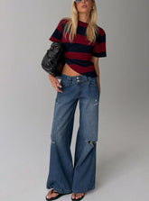 Ramos Low Rise Double Button Distressed Wide Leg Denim Jeans Mid Blue