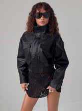 Ace Player Funnel Neck Faux Leather Jacket Black