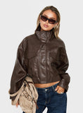 Ace Player Funnel Neck Faux Leather Jacket Brown Petite