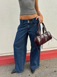 Ramos Low Rise Double Button Wide Leg Denim Jeans Dark Indigo