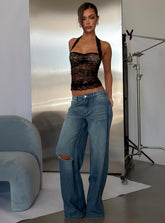 Ramos Low Rise Wide Leg Distressed Denim Jeans Dark Indigo