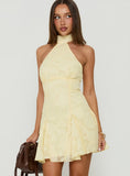 Bellanca Halter Pleat Mini Dress Butter Yellow Burnout