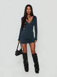 Cleopetra V Neck Long Sleeve Scoop Back Mini Dress Charcoal