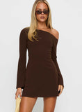 Adrietta Long Sleeve Off Shoulder Mini Dress Brown Tall