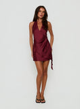 Landree Wrap Halter Satin Mini Dress Burgundy