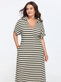 Stretchy Striped Print Collared Midi Dress