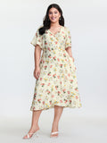 Floral Print Wrap Neckline Pockets Midi Dress