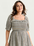 Striped Ruffled Neckline Puff Sleeve Midi Dress