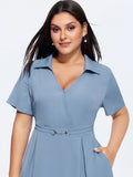 Collared Stretchy Waist Plain Midi Dress