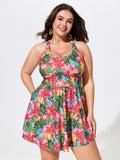 Vibrant Floral Print Crossover Straps Swim Dress
