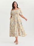 Vanilla Print Shirred Off-Shoulder Midi Dress