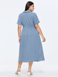 Collared Stretchy Waist Plain Midi Dress