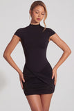 Jersey Turtleneck Ruched Backless Mini Dress in Black