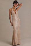 Embellished Plunge-Neck Open-Back Gown in Sand