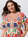 Floral Print Drawstring Waist Tiered Midi Dress