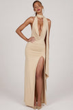 Soft-Jersey Plunge Halterneck Maxi Dress in Champagne