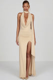 Soft-Jersey Plunge Halterneck Maxi Dress in Champagne