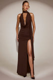Soft-Jersey Plunge Halterneck Maxi Dress in Chocolate Brown