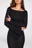 Sheer Jersey Long-Sleeve Backless Maxi Dress in Black