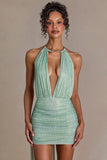 Embellished Open-Back Mini Dress in Sage Green
