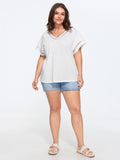 Cotton Plain Slub Eyelet Trim Dolman Sleeve T-Shirt