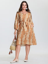 Leaf Print Waist-Tie Round Neck Mini Dress