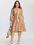 Leaf Print Waist-Tie Round Neck Mini Dress