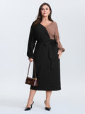 Surplice Neck Color Block Tie Waist Midi Dress