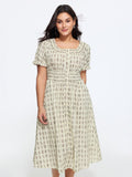 Geometric Print Shirred Waist Midi Dress