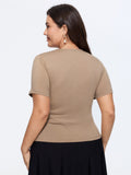 Stretchy Solid Surplice Neck Ruched Fitted Knit Top