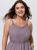 Cotton Pleated Lace Neckline Sleeveless Mini Dress