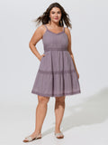Cotton Pleated Lace Neckline Sleeveless Mini Dress