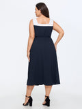 Color Block Square Neck Front Tie Sleeveless Midi Dress