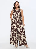 Round Neck Leaf Print Self Tie Wide Leg Jumpsuit