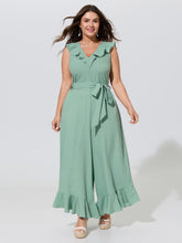 Ruffled Neckline Waist-Tie Wide-Leg Jumpsuit