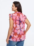 Large Floral Print Mock Neck Flutter Sleeve Blouse