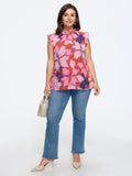 Large Floral Print Mock Neck Flutter Sleeve Blouse