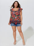 Vibrant Floral Print Flutter Sleeve Blouse
