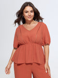 Linen Blend Textured V-Neck Plain Peplum Blouse