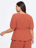 Linen Blend Textured V-Neck Plain Peplum Blouse