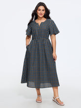 Plaid Print V Neck Ruched Side Pocket Midi Dress