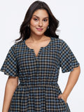 Plaid Print V Neck Ruched Side Pocket Midi Dress