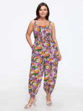 Multi Floral Print Shirred Waist Jogger Jumpsuit