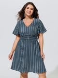 Vertical Stripe Print Shirred Waist Mini Dress