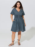 Vertical Stripe Print Shirred Waist Mini Dress
