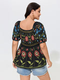Boho Floral Square Neck Peplum Blouse