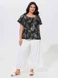 Palm Leaf Print Drawstring Neck Blouse