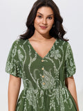 Paisley Floral Print Drawstring Waist Lace Tiered Midi Dress