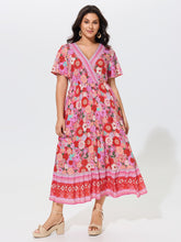 Supersoft Colorful Floral Print V Neck Ruffle Sleeve Midi Dress