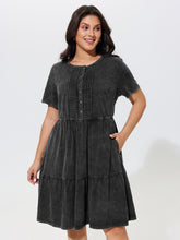 Cotton Vintage Washed Pleated Partial Button Tiered Mini Dress